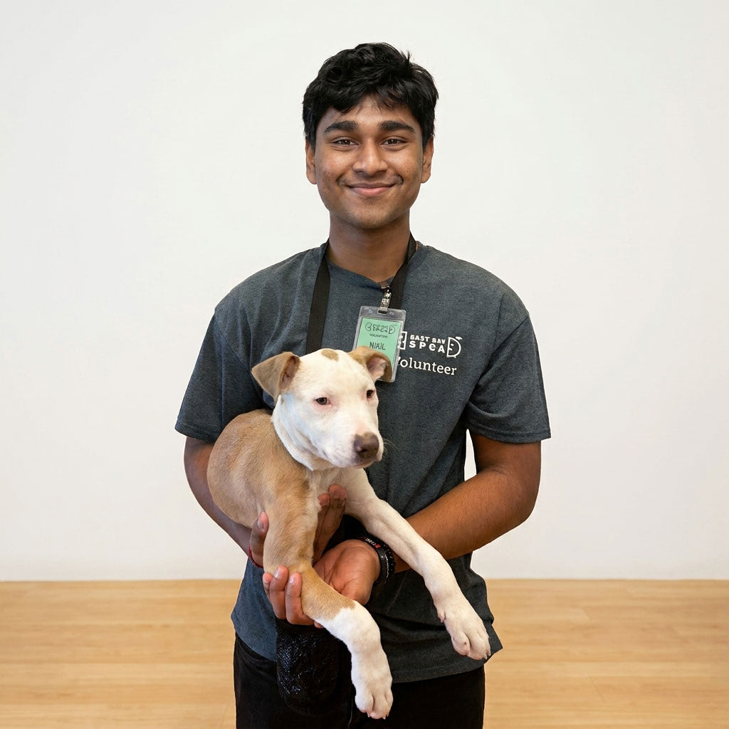 Nikil, the founder, smiling in an East Bay SPCA volunteer shirt while holding a puppy
